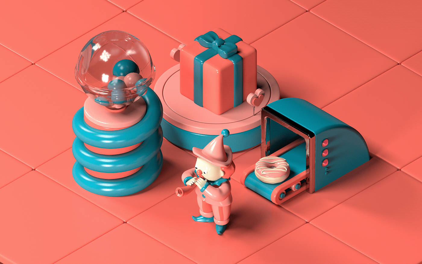 可愛四維插畫 壁紙 — 一個奇幻的3D渲染場景，一個身穿粉紅色衣服的人物在珊瑚色瓷磚地板上，在冬甩機、禮物盒和雪花球旁邊吹奏長笛。