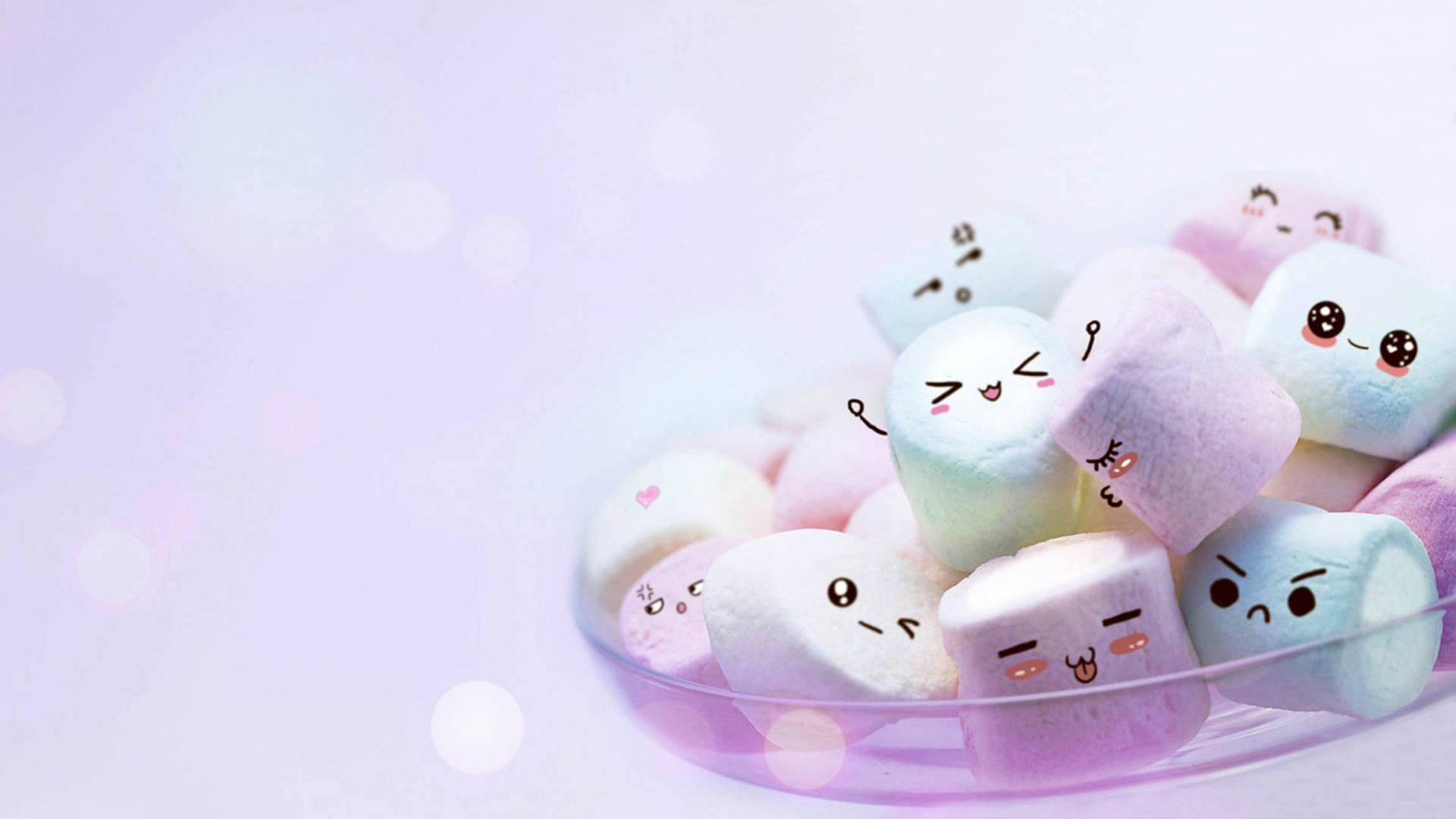 可愛塗鴉眼 Pastel 棉花糖 壁紙 — 一碗粉彩色的棉花糖，帶有可愛卡通臉孔，在夢幻薰衣草背景上柔和發光。