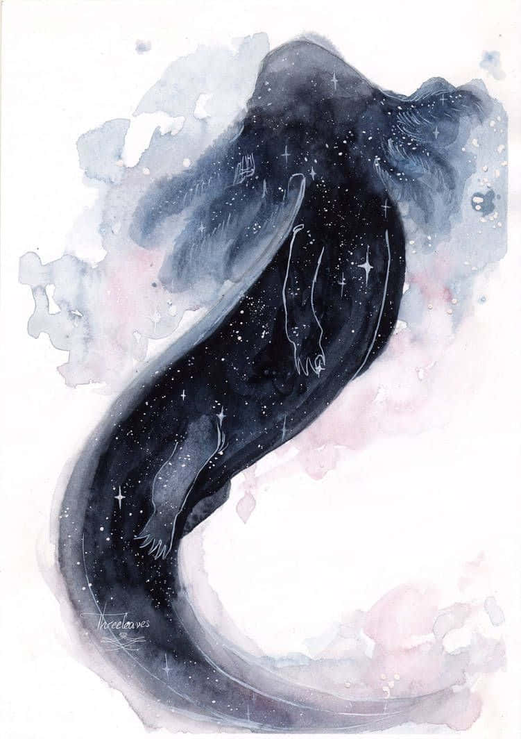 星夜般的黑色美人魚尾巴在宇宙水彩中旋轉，帶有藍色、粉紅色和白色的色調。