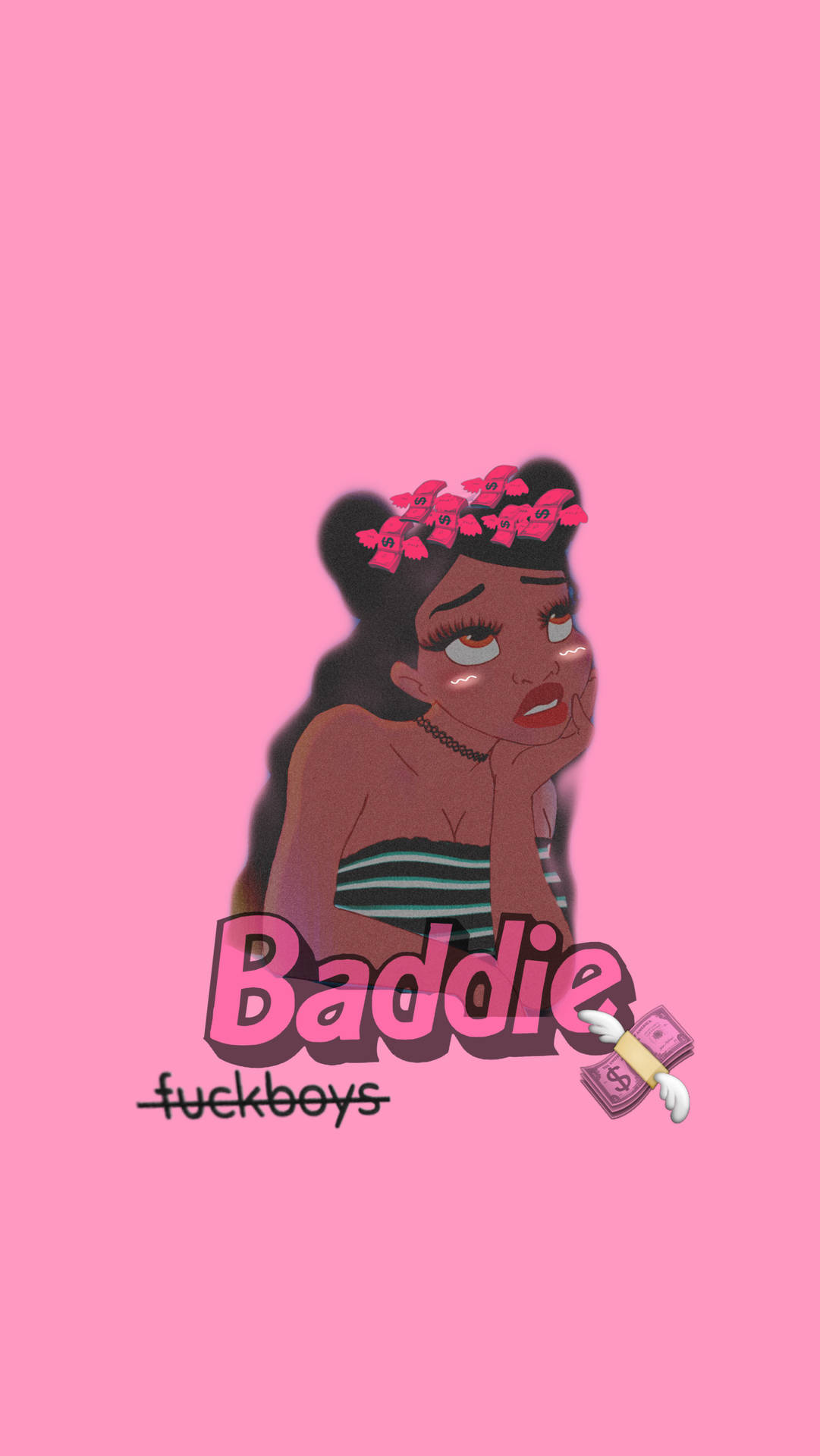 卡通女孩，有粉紅色蝴蝶結和金錢，拿著「Baddie」文字。
