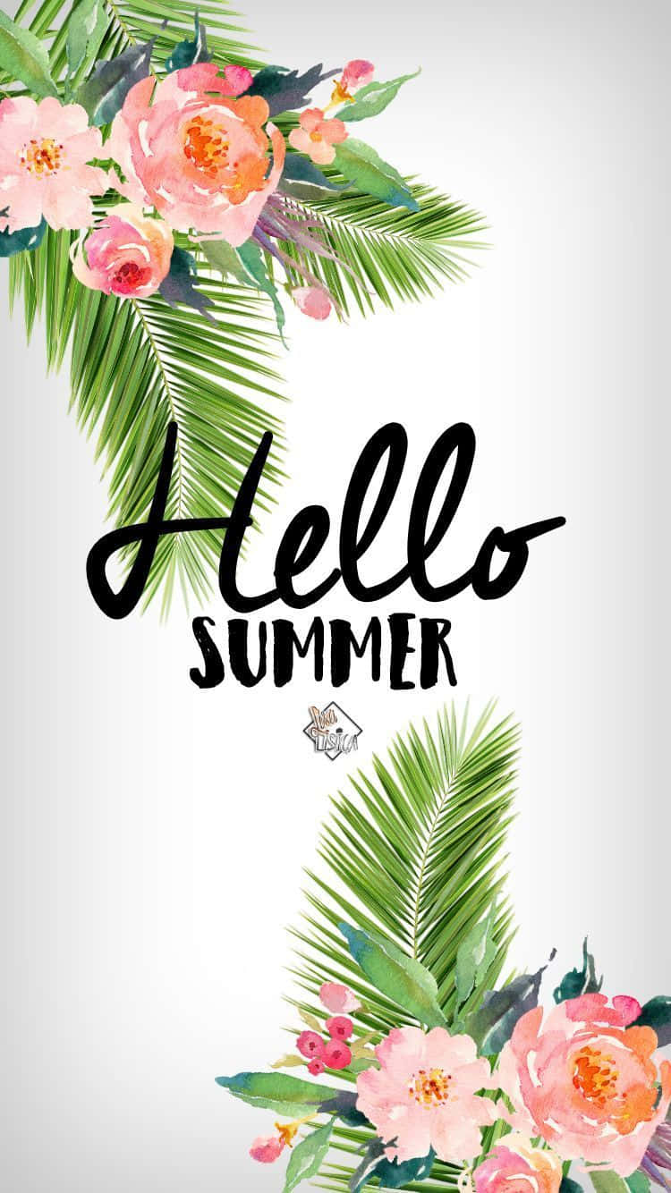水彩風格的熱帶花卉和棕櫚葉，帶有「Hello Summer」文字。