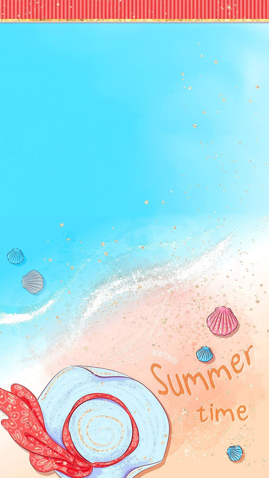 夏日海灘場景，有帽子、貝殼和閃閃發光的水。