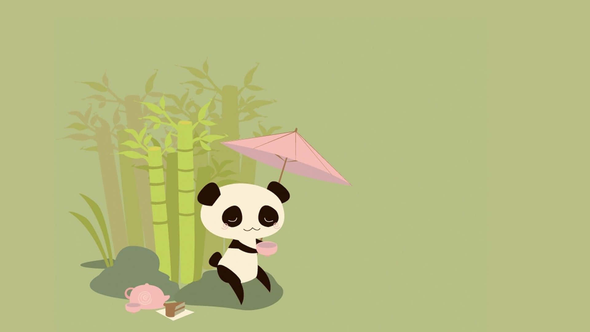 可愛夏日熊貓繪畫圖 壁紙 — 一隻可愛的卡通熊貓拿著粉紅色雨傘坐在竹子旁邊，地上有粉紅色茶壺和蛋糕。