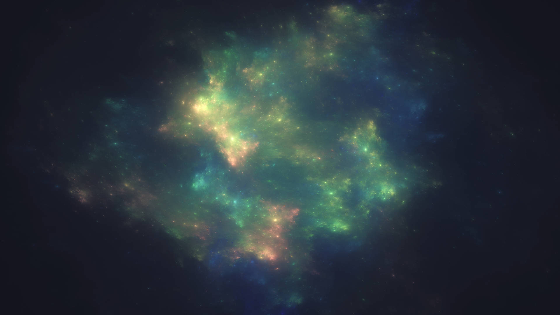 充滿活力的宇宙星雲，在深空中發光的綠色、藍色和橙色雲團。