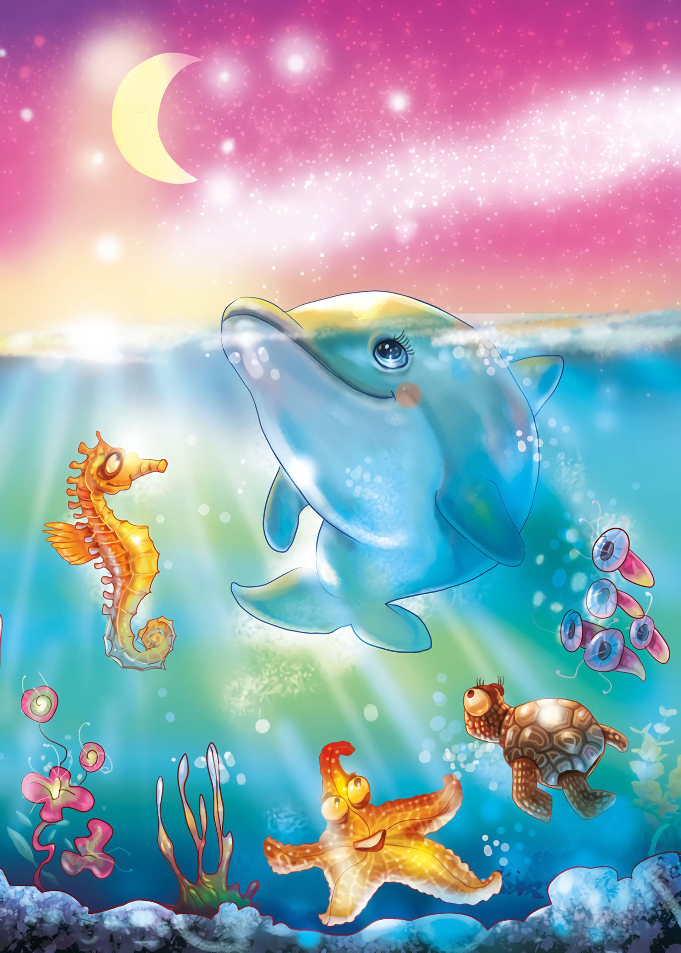 海豚、海馬、海龜和海星在粉紅色的月光海洋中游泳。