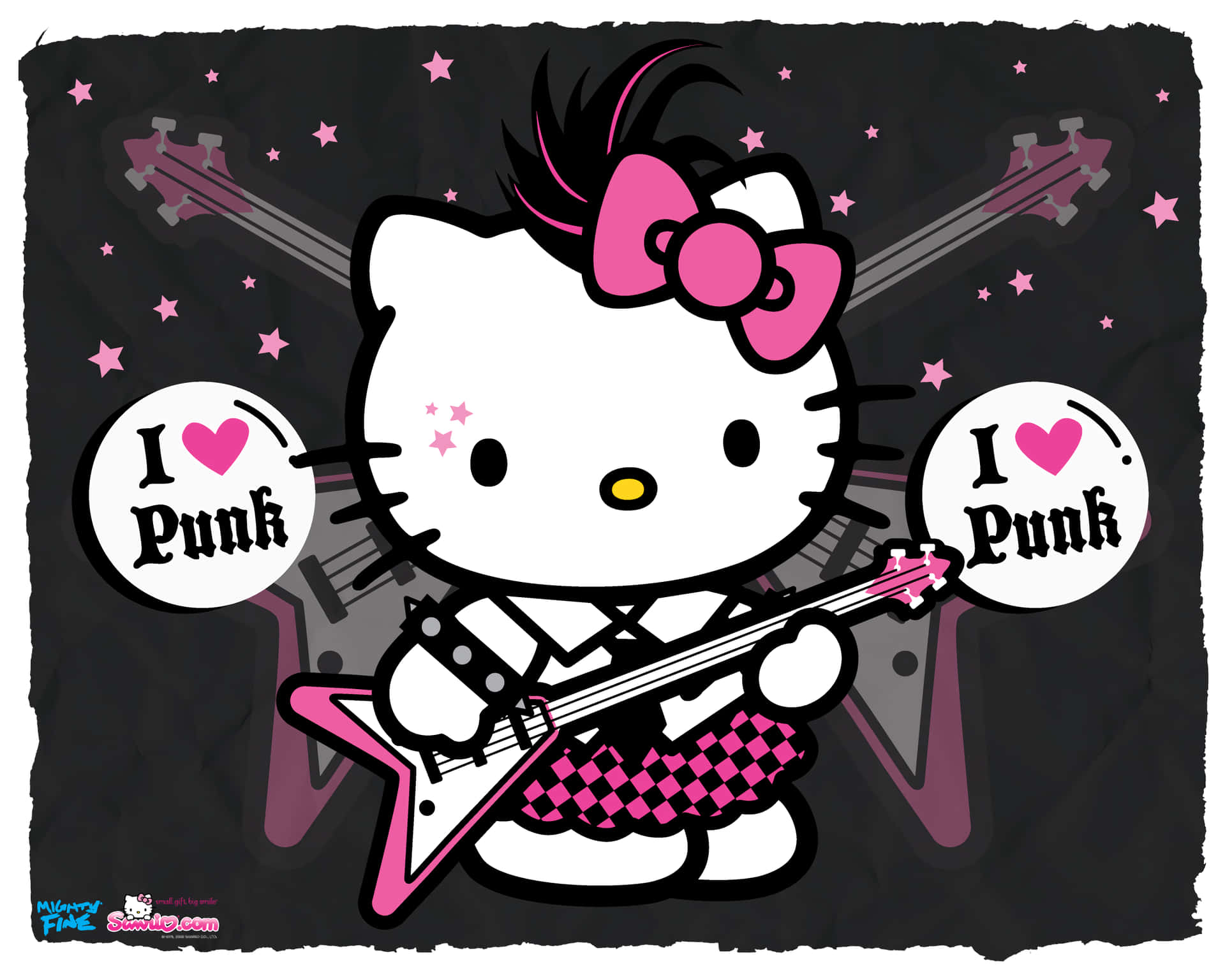 穿著龐克裝扮的Hello Kitty手持結他和I Love Punk標誌。
