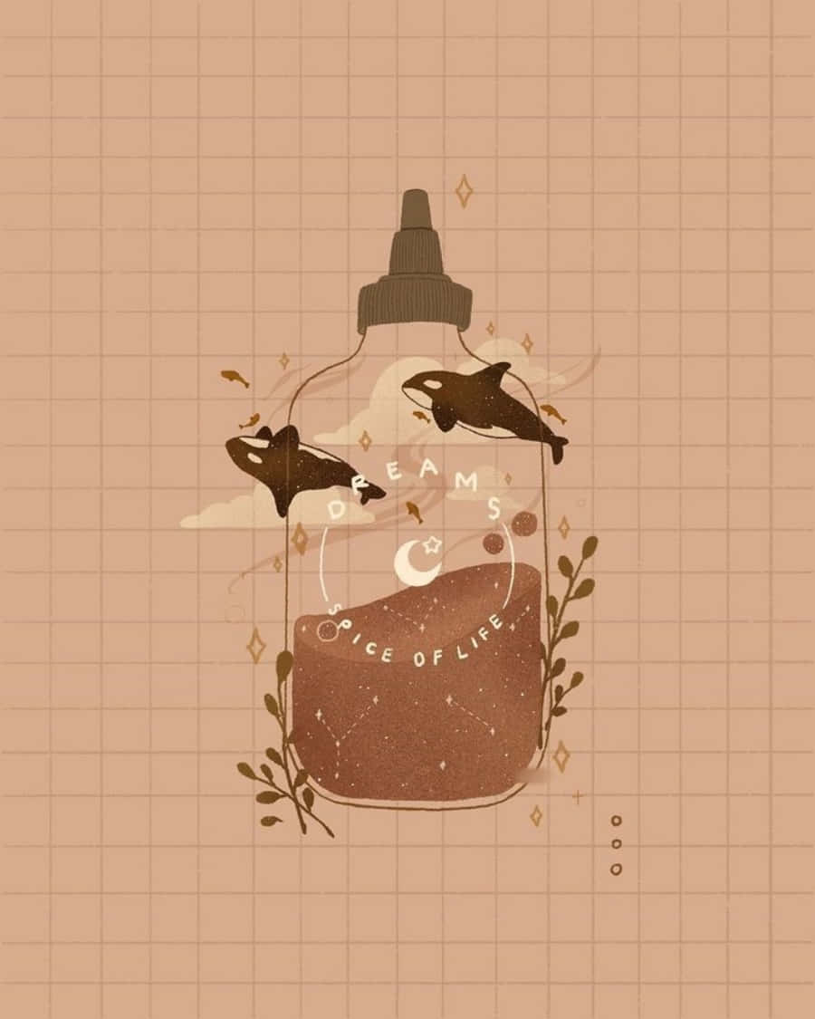 可愛夢幻香料插畫 壁紙 — 一個風格化的插圖，描繪了一個裝滿棕色液體的瓶子，以及虎鯨在網格背景上躍過瓶子上方。