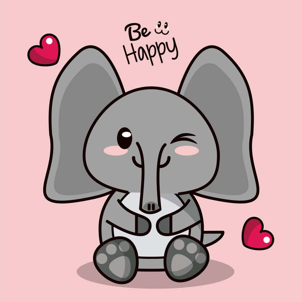 一隻微笑的卡通大象，帶有心形和「Be Happy」訊息，背景為粉紅色。