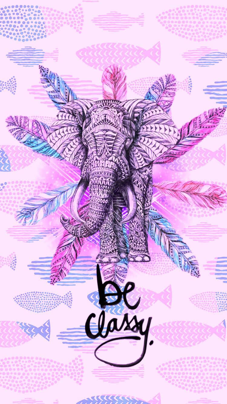 裝飾性大象，帶有羽毛和魚紋背景，文字 be classy