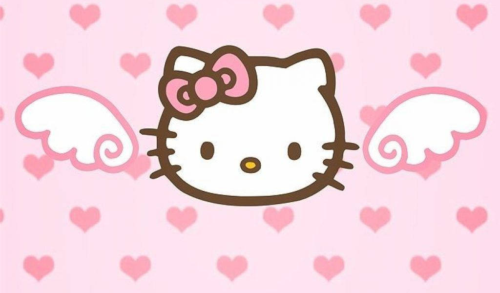 Hello Kitty 帶著天使翅膀和粉紅色蝴蝶結，被粉紅色心形包圍。 — Hello kitty 美學 GIF 壁紙