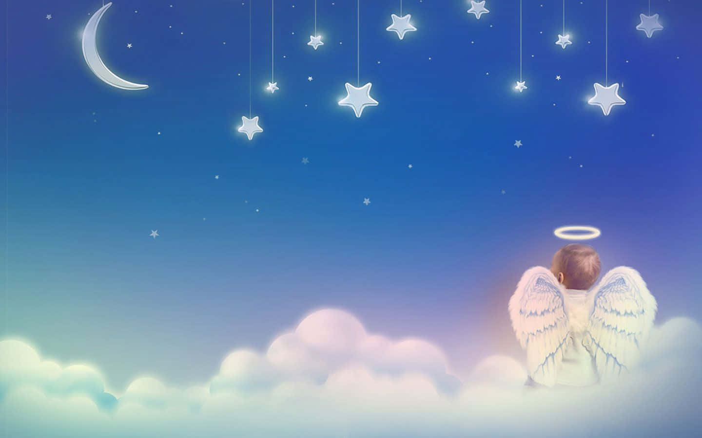 一個有翅膀和光環的小孩天使在夢幻的天空中仰望星星和月亮。