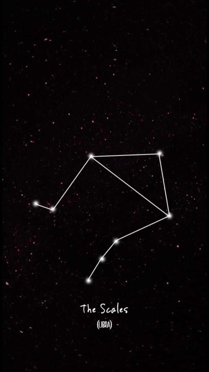 可愛天秤座星座圖形藝術 壁紙 — 一個極簡的天秤座星座圖，在繁星點點的夜空和微弱的宇宙塵埃中閃耀。