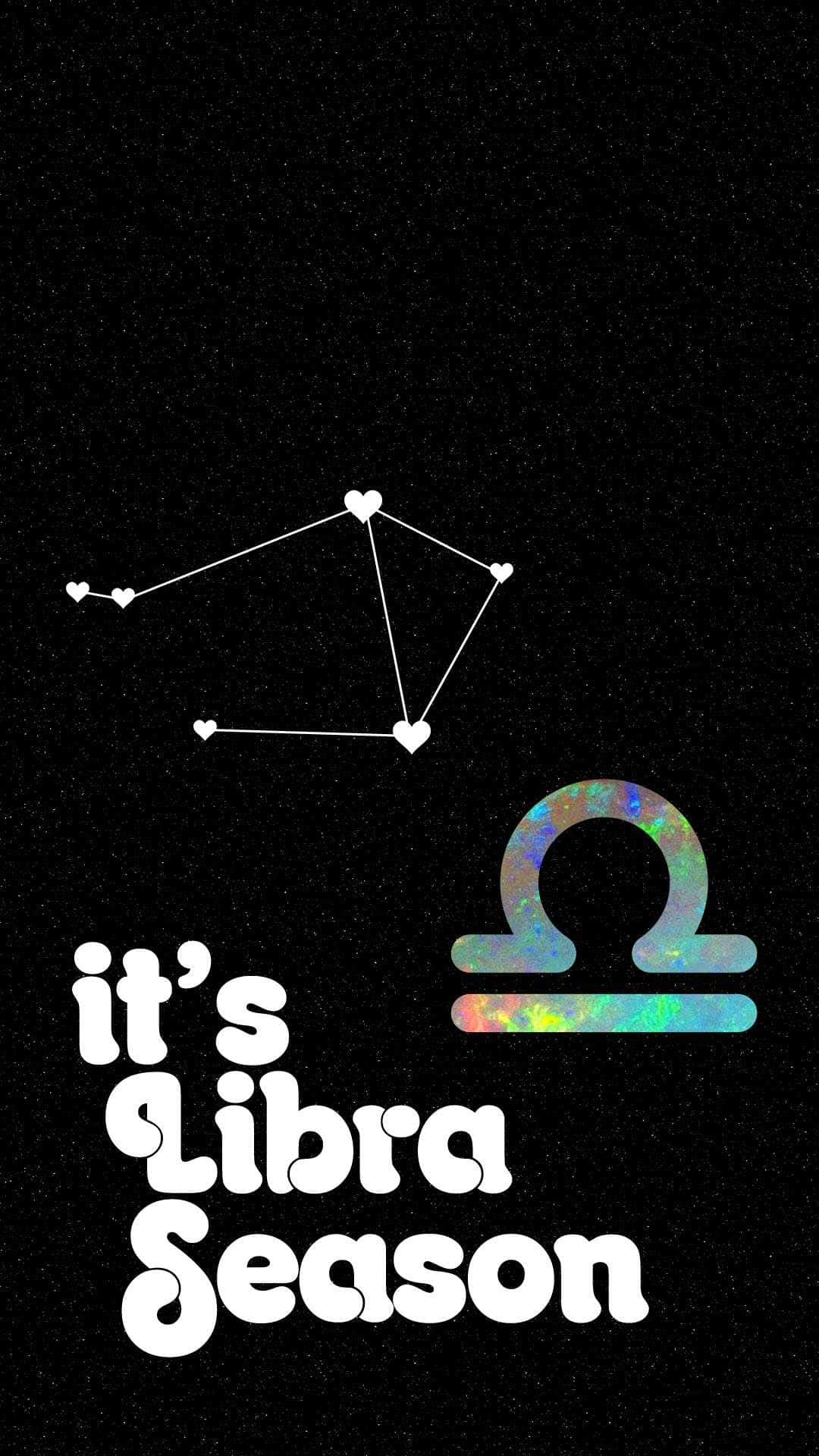 可愛天秤座星座符號圖案藝術 壁紙 — 一個宇宙天秤座季節的壁紙，帶有心形星座和彩虹色星座符號，背景是星光閃爍的黑色。