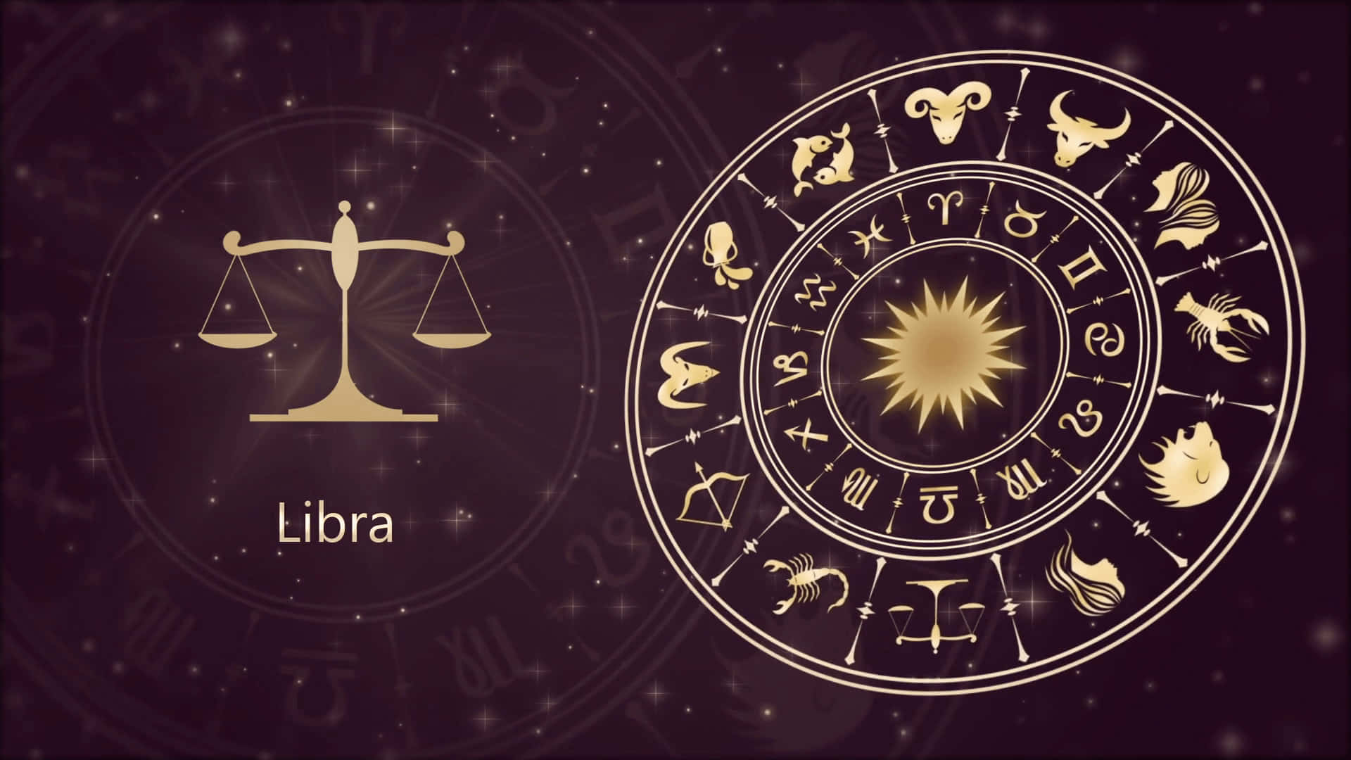 可愛天秤座符號創造平衡 壁紙 — 金色黃道輪及天秤座符號在星光點點的紫色宇宙背景中發光。