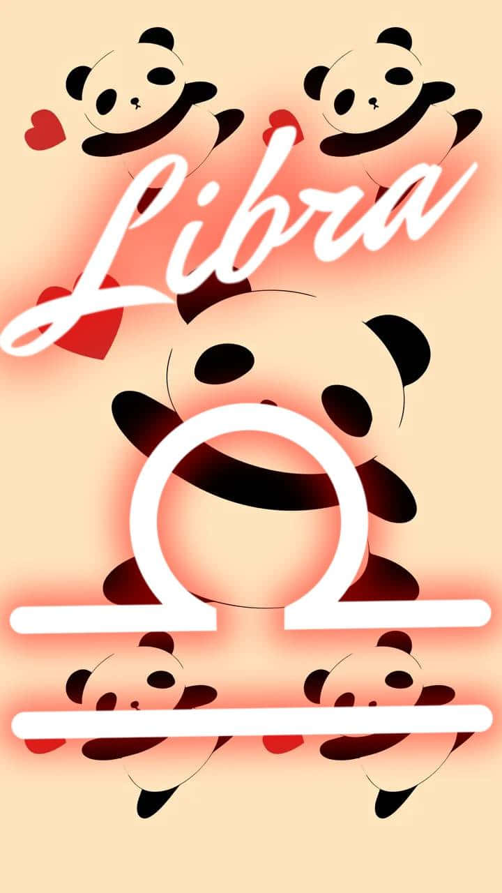 可愛天秤座與熊貓圖形設計 壁紙 — 熊貓插圖圍繞著發光霓虹字體的天秤座星座符號，背景為溫暖的蜜桃色。