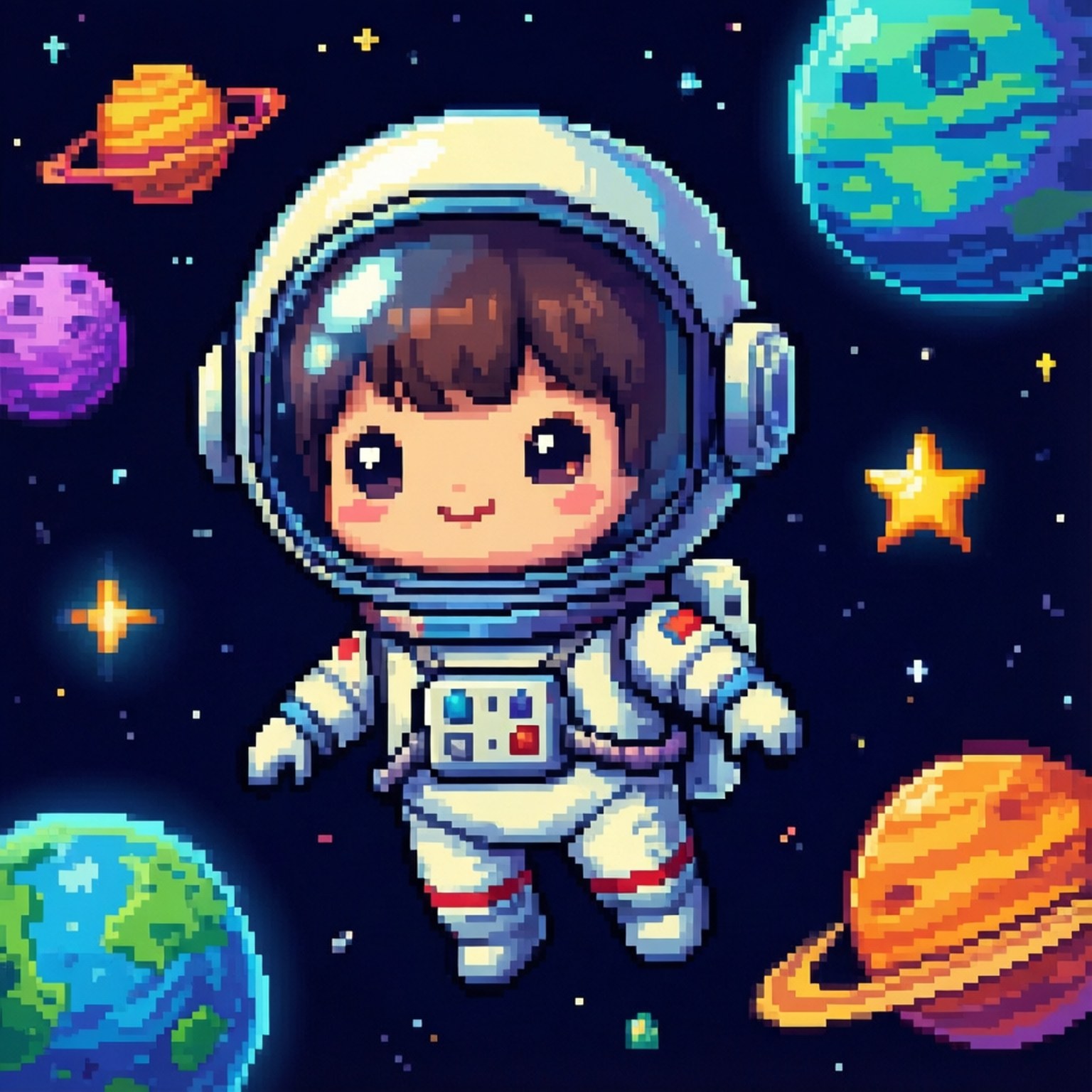 一個微笑的兒童太空人，在像素風格的太空場景中漂浮在色彩繽紛的行星和星星之間。