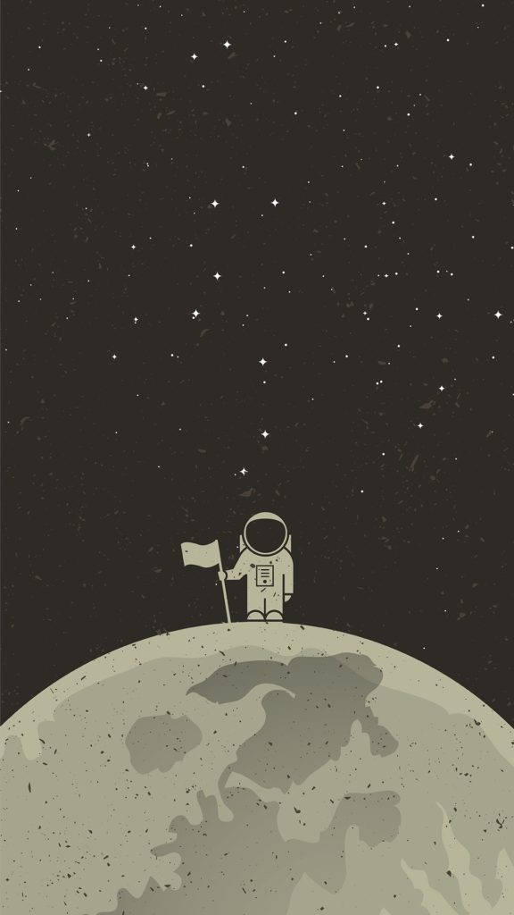 可愛太空宇航員藝術 壁紙 — 一位極簡風格的太空人站在佈滿隕石坑的月球上，在星空下舉著旗幟。