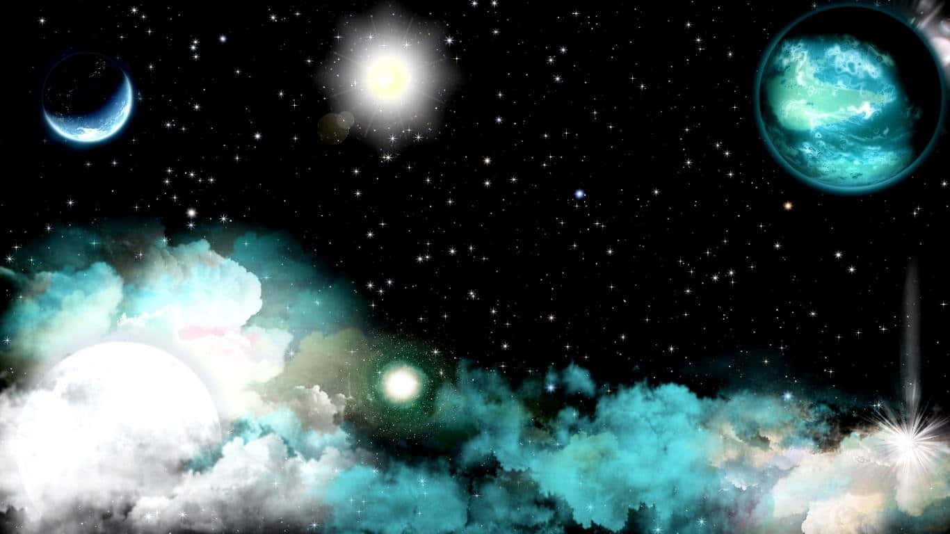 一個充滿活力的宇宙場景，發光的行星和恆星在黑暗虛空中。
