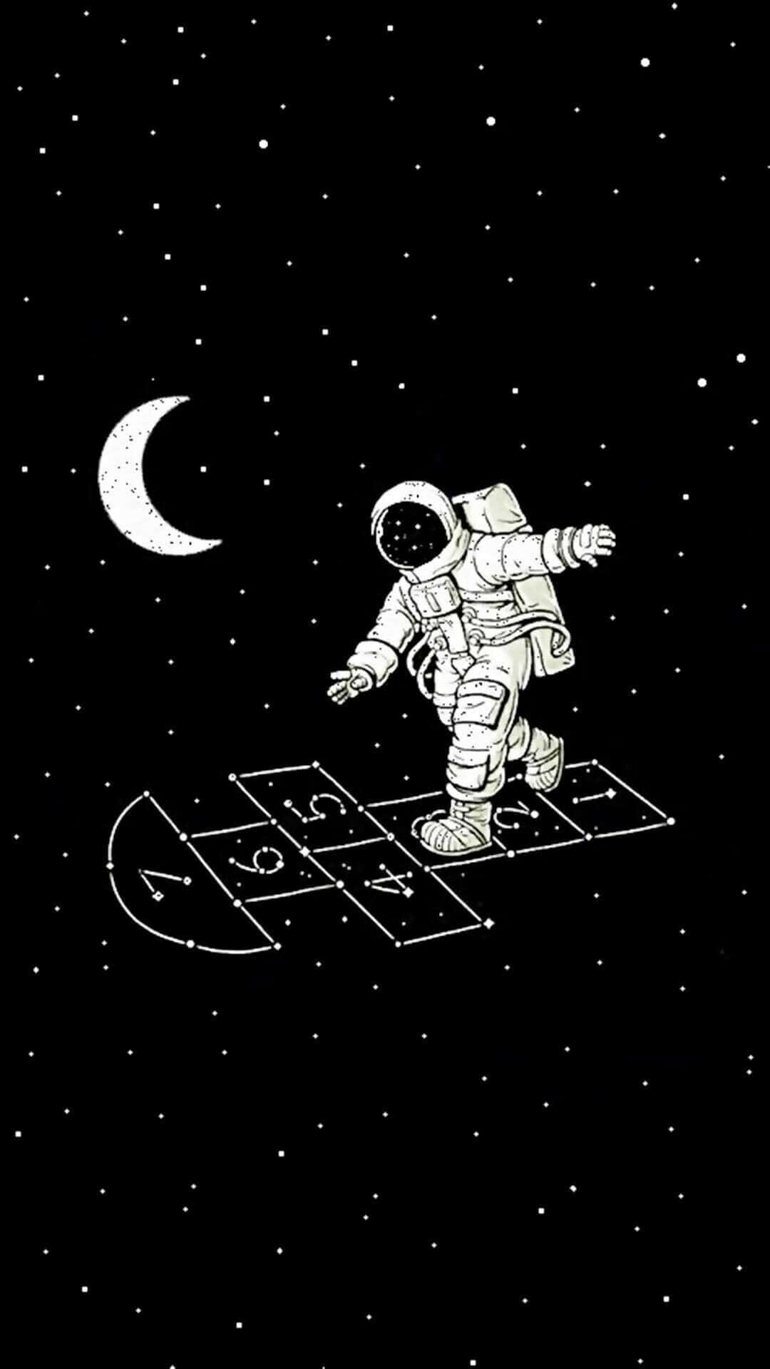 太空人在新月下的太空玩跳飛機。