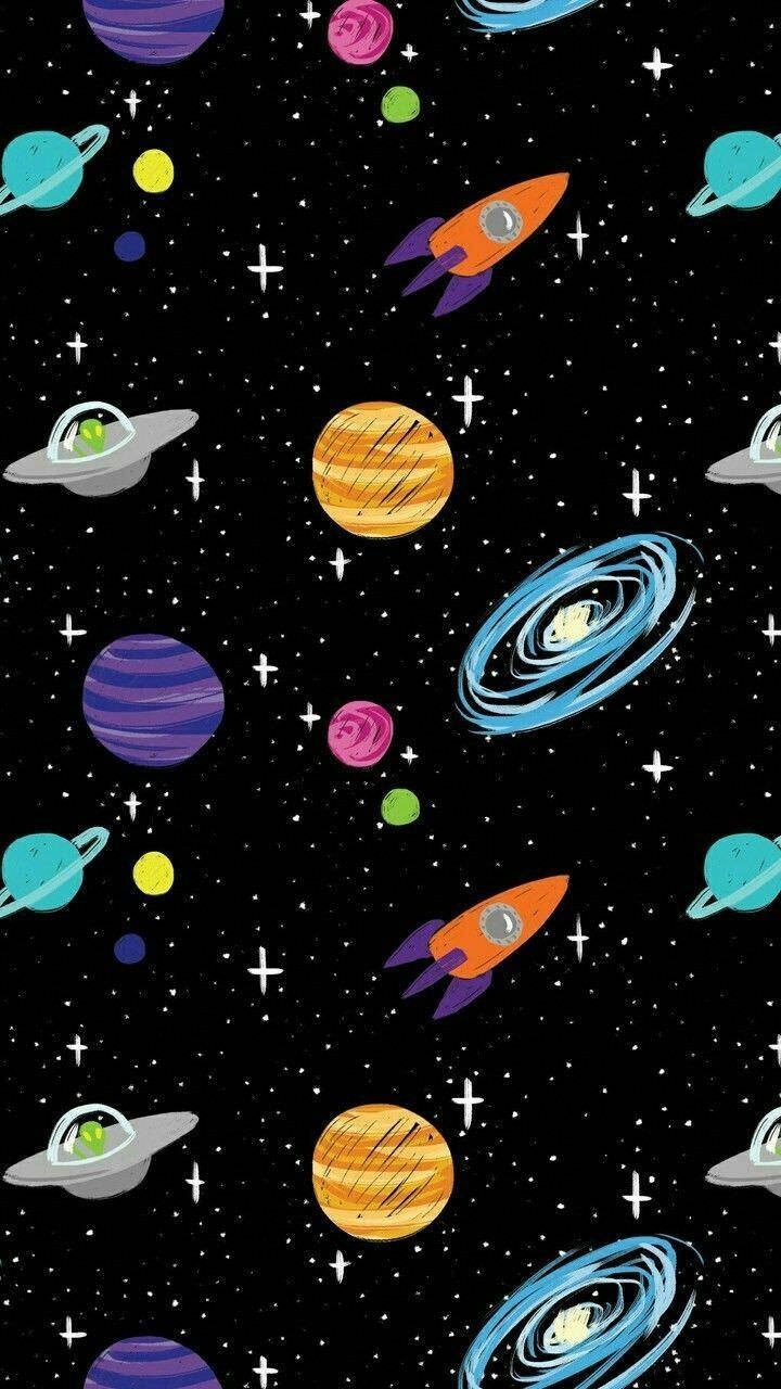 黑色背景上帶有行星、火箭和星系的彩色卡通太空場景。