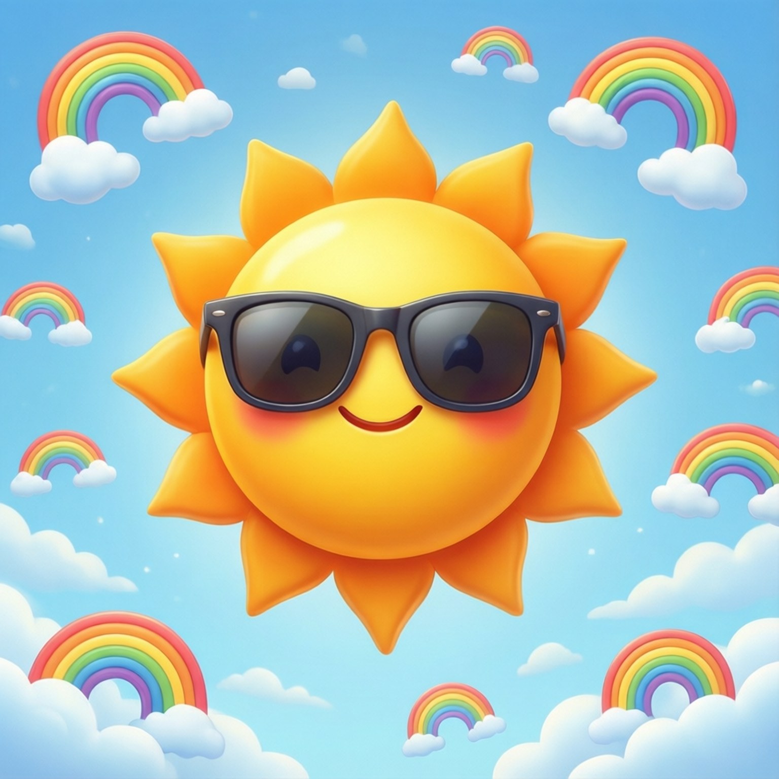 一個戴著太陽眼鏡的笑臉太陽被彩虹和雲朵環繞。