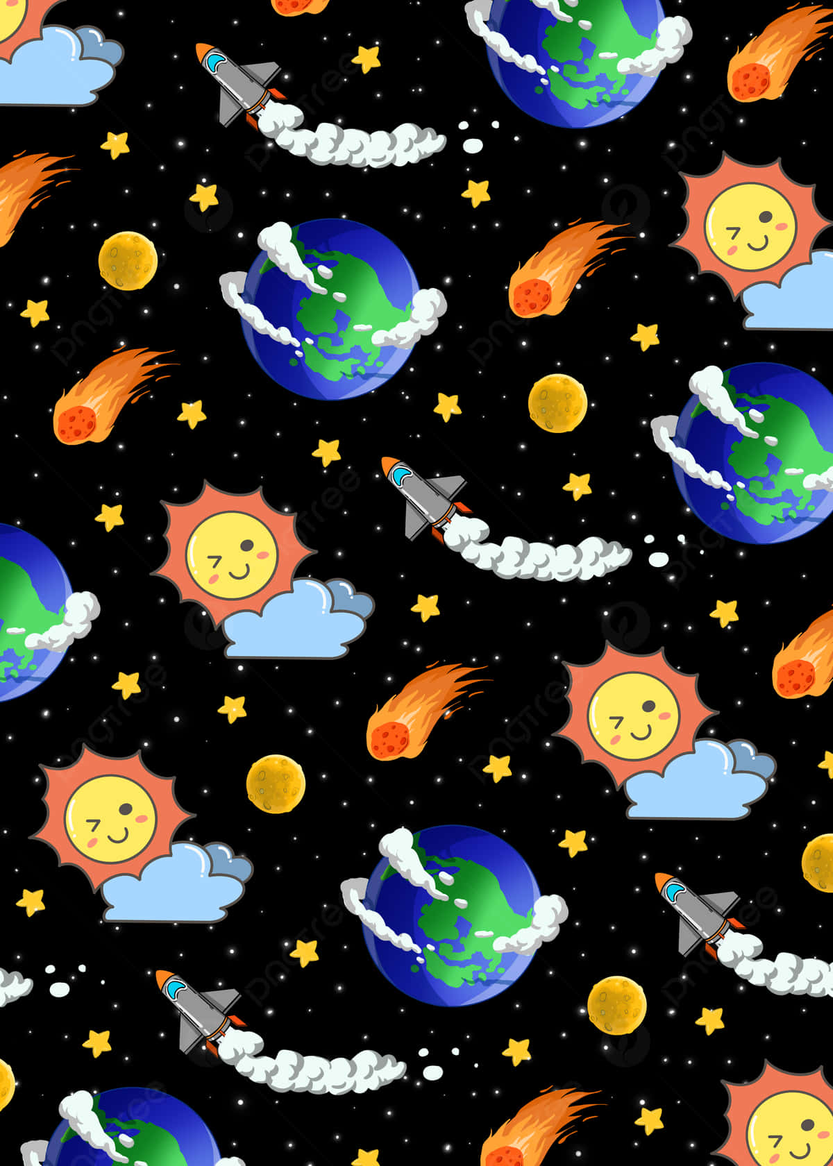 快樂的卡通太陽、火箭和地球漂浮在星光閃爍的太空圖案中。