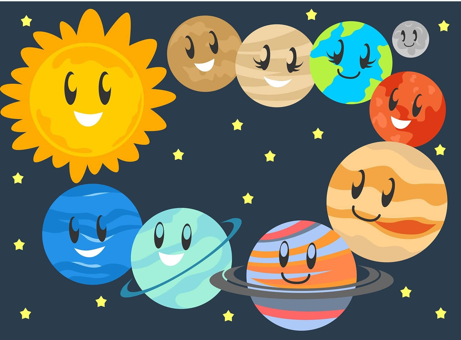 快樂的卡通太陽和行星在星空中有臉孔。