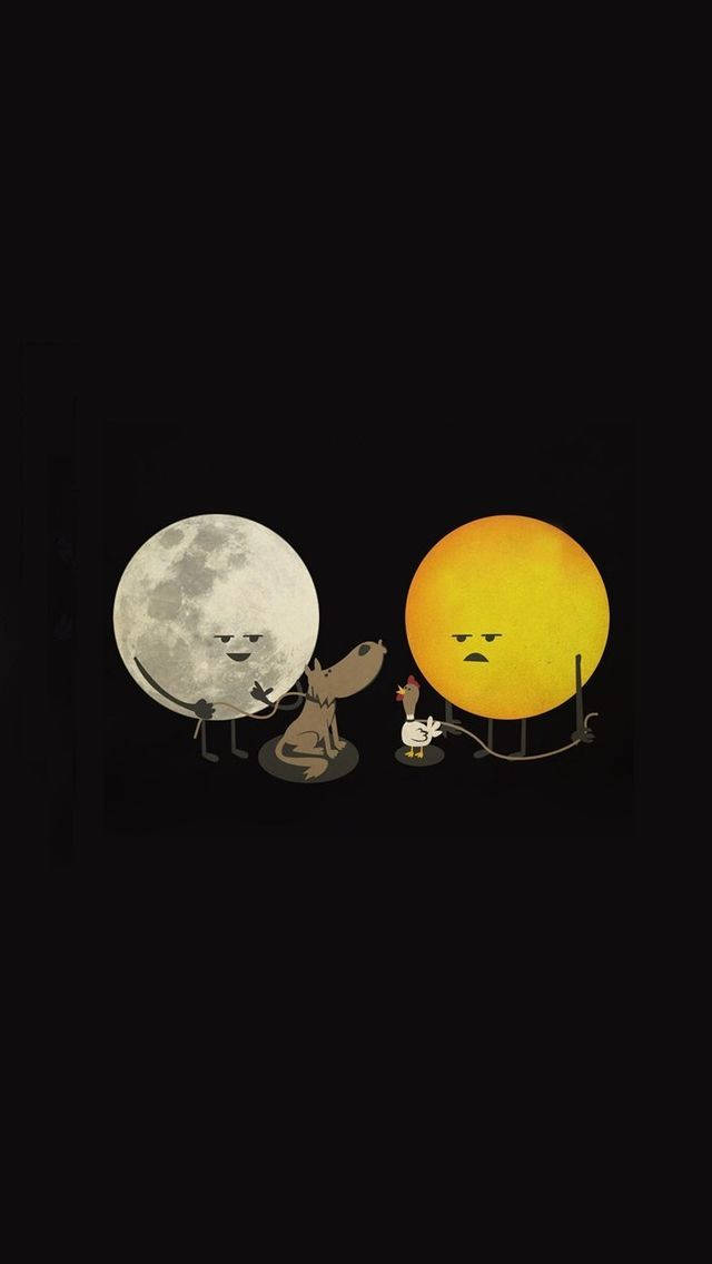 可愛太陽與月亮向量藝術 壁紙 — 一個卡通月亮和太陽帶着憤怒的表情站在高蹺上，而一隻狗和一隻雞在黑色背景下抬頭看着它們。