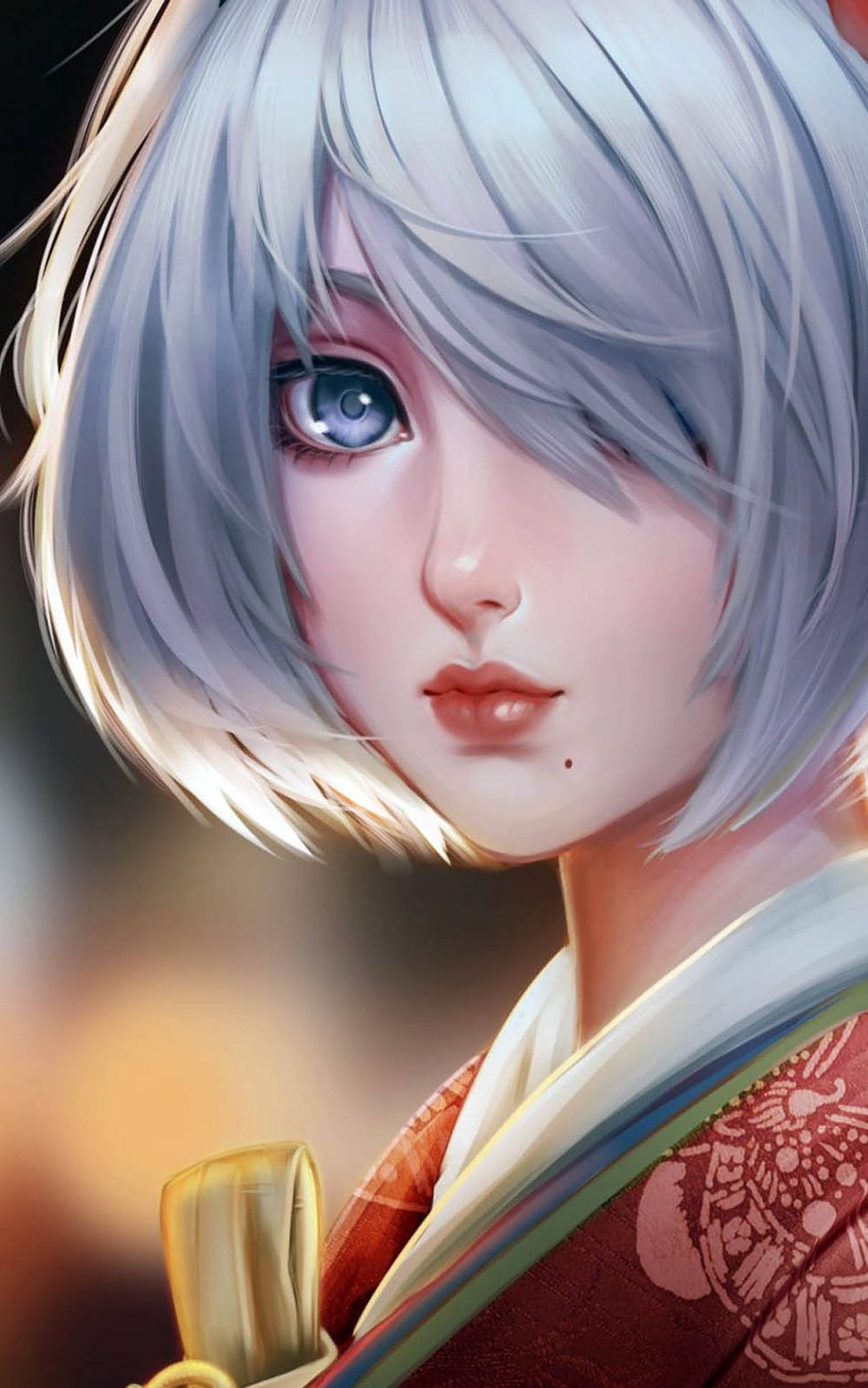 可愛奇幻風格頭像 壁紙 — 一個寧靜的動漫女孩特寫，銀色頭髮和藍色眼睛，穿著傳統和服，握著劍柄。