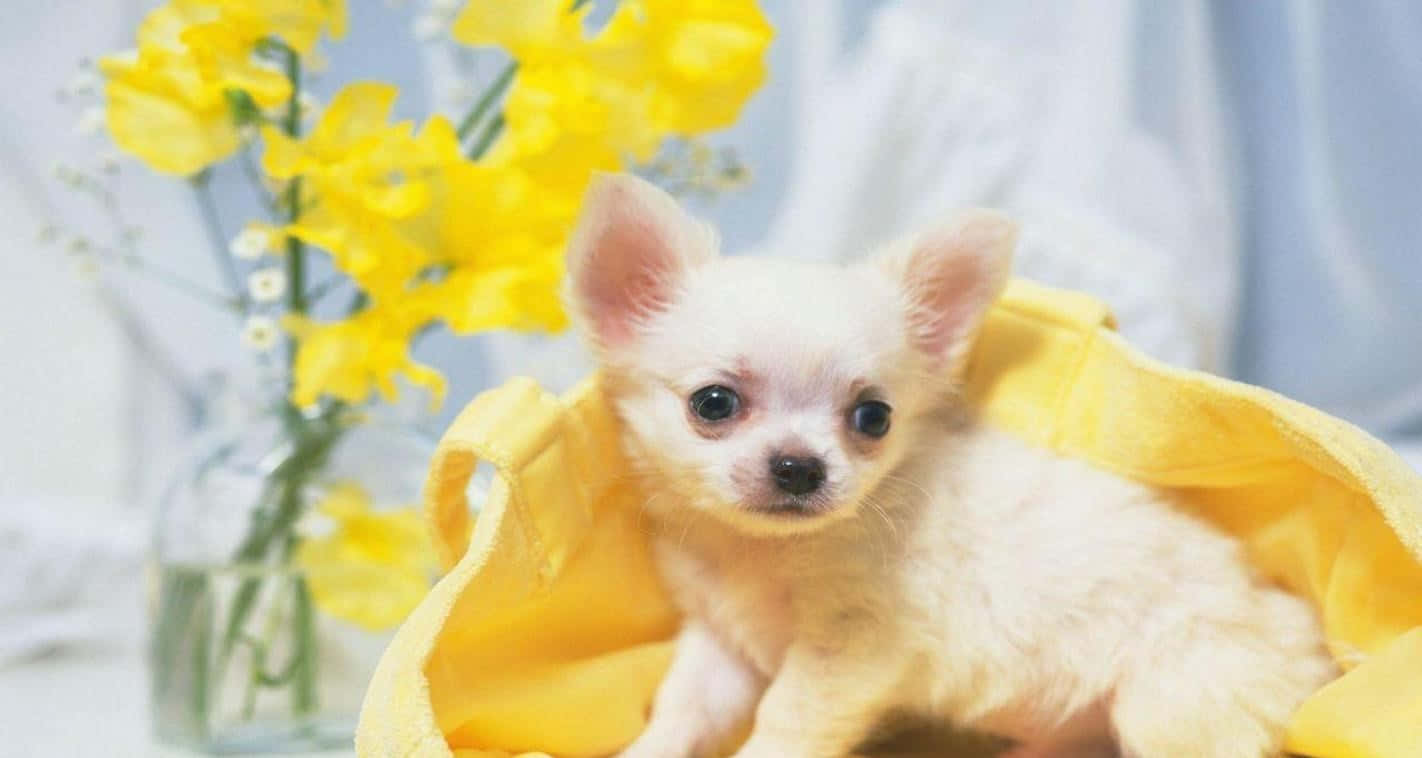 「可愛奇瓦瓦犬幼犬」 壁紙 — 一隻白色芝娃娃小狗包裹在黃色毛巾中，坐在一束鮮黃色花朵的花瓶旁邊。