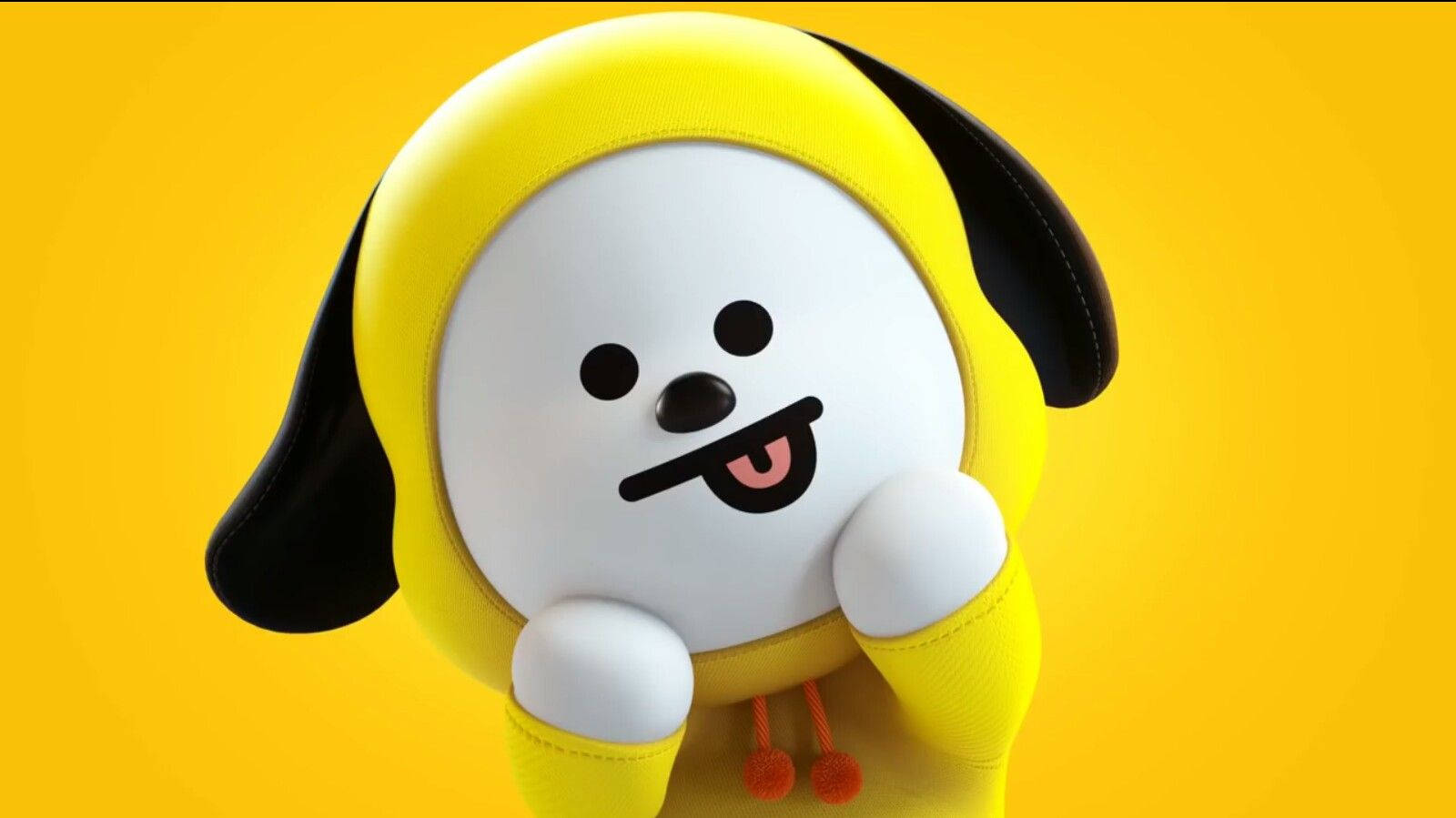 可愛奇米 BT21 毛絨玩具 壁紙 — 一隻快樂的3D渲染卡通狗穿著黃色連帽衫，在明亮的黃色背景上伸出舌頭。