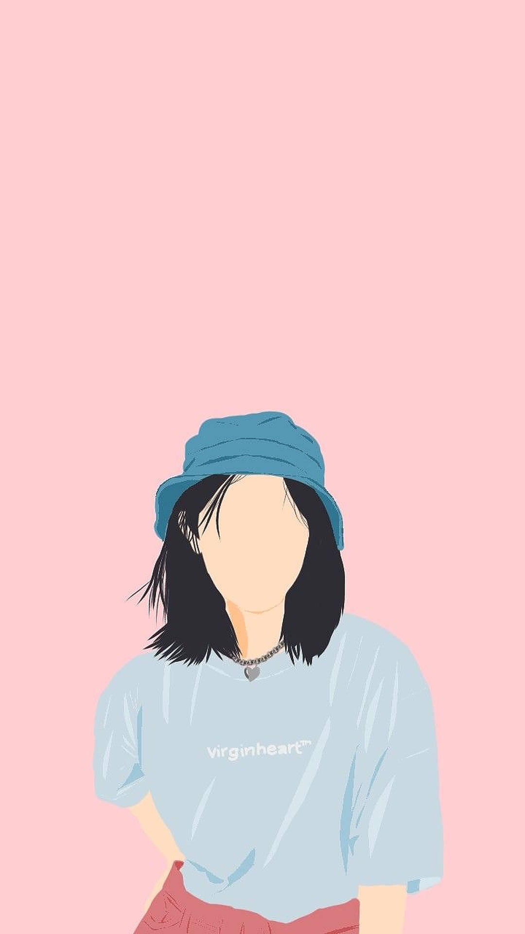可愛女孩向量藝術頭像 壁紙 — 一個風格化的插圖，描繪一個黑髮人物戴著藍色漁夫帽和淺藍色T恤，背景為純粉紅色。