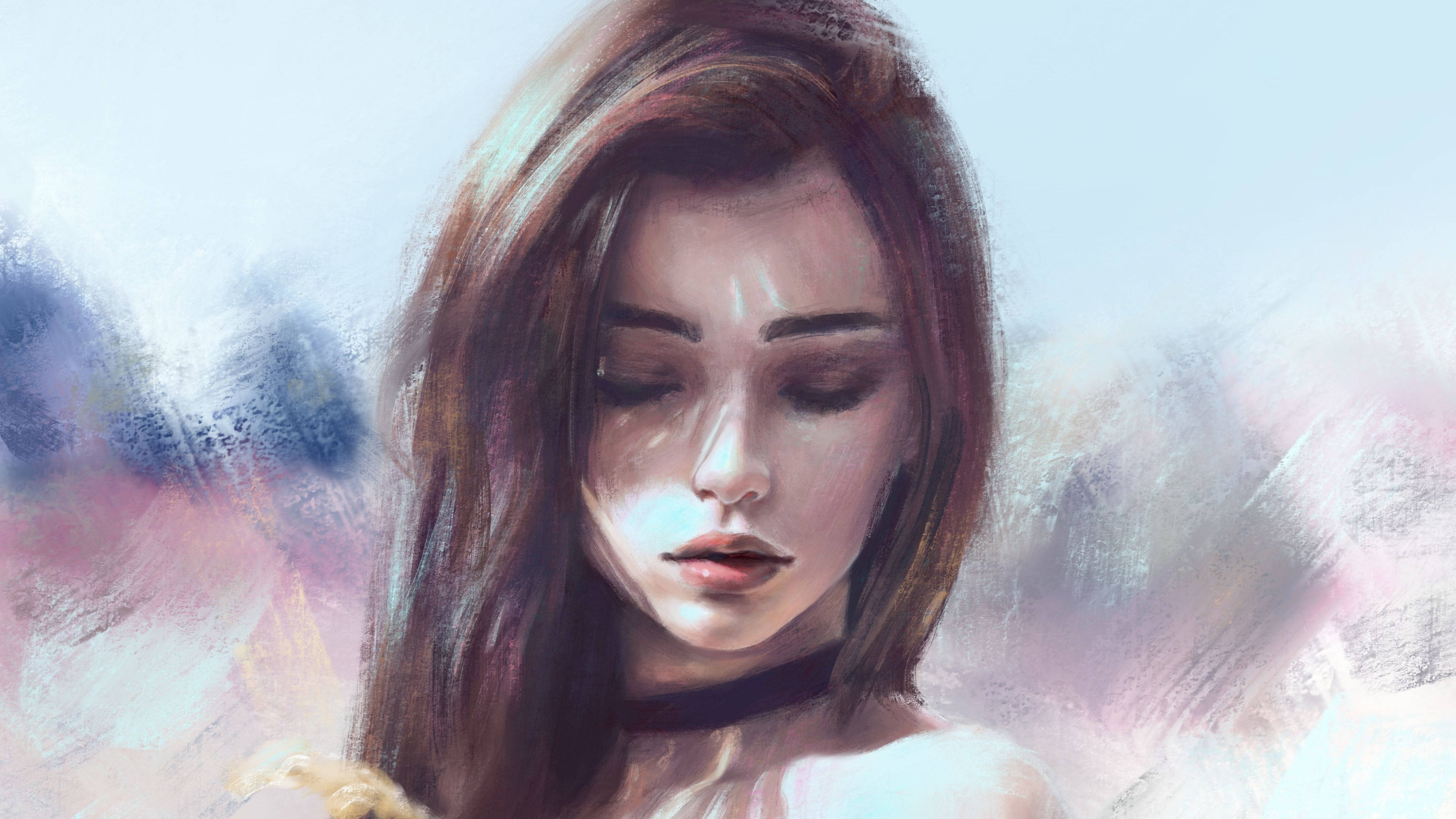 可愛女孩圖形繪畫 壁紙 — 一個寧靜的數碼肖像，描繪一位閉著眼睛、擁有柔軟棕色頭髮的女性，背景是夢幻般的粉彩。