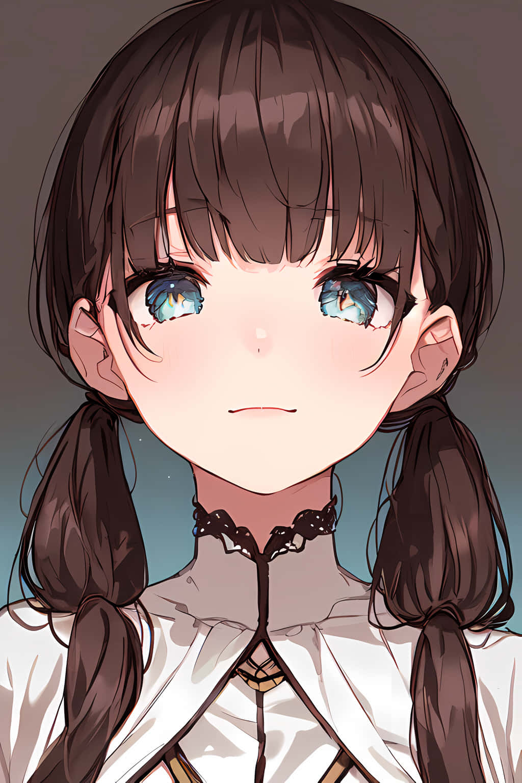 可愛女孩拍照的姿勢 壁紙 — 一個近距離的動漫女孩，棕色雙馬尾，發光的藍色眼睛，穿著白色蕾絲領襯衫，溫柔地凝視著觀眾。