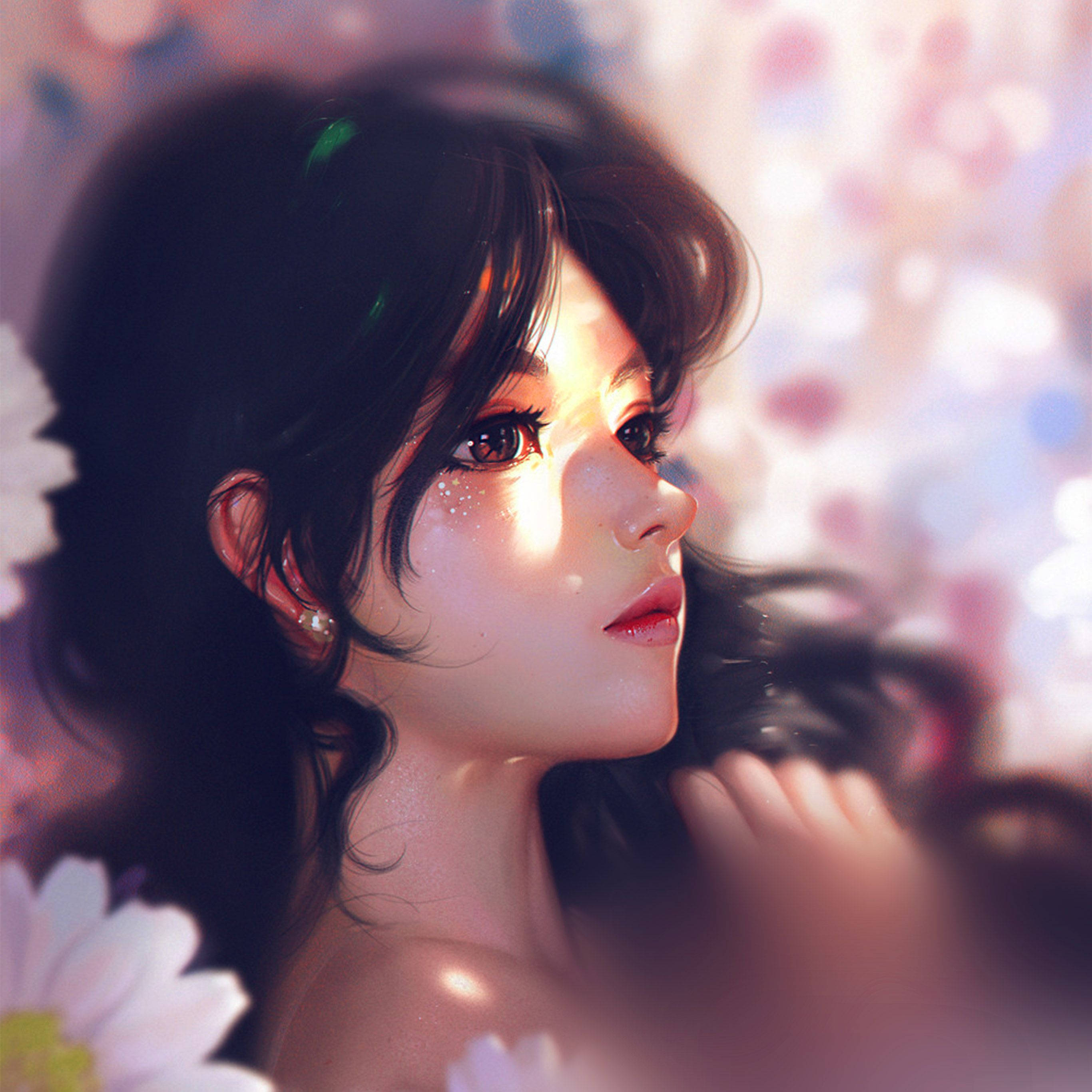 可愛女孩數位藝術作品 壁紙 — 一位寧靜的動漫女孩，深色頭髮和閃閃發光的眼睛，在柔和的粉紅色和白色花卉散景中向上凝視。