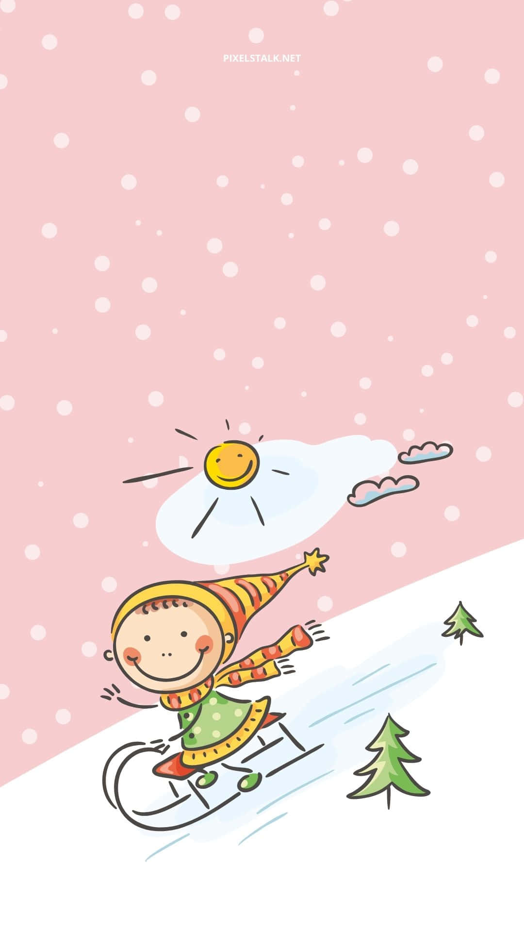 孩子坐雪橇滑下雪坡，有微笑太陽和飄雪