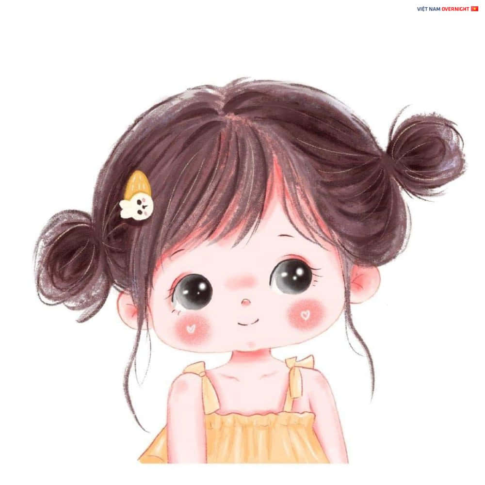 可愛女孩燦爛微笑 壁紙 — 一個可愛的插圖女孩，梳著棕色辮子，穿著黃色連衣裙，在純白色背景上溫柔地微笑。