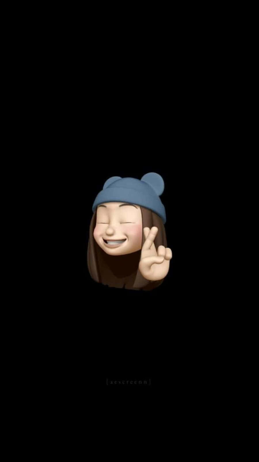 可愛女孩表情符號交叉手指 壁紙 — 一個開心的卡通女孩，棕色頭髮，戴著藍色無邊帽，閉著眼睛微笑，在黑色背景前做出和平手勢。