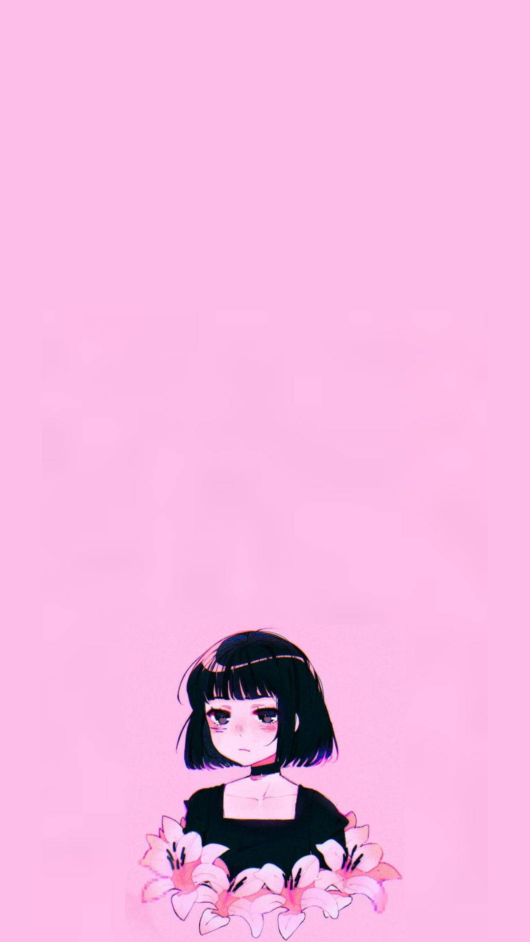 短黑髮的動漫女孩在粉紅背景前拿著粉紅百合。