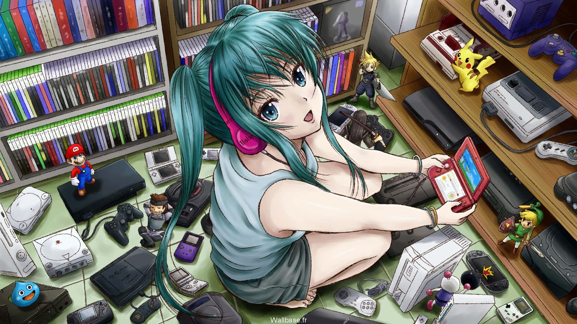 擁有青色頭髮和粉紅色耳機的動漫女孩，被遊戲機和玩具包圍。