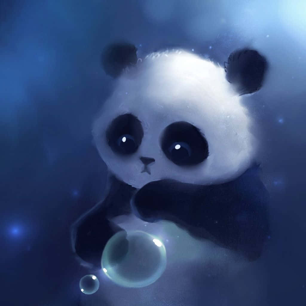 一隻毛茸茸的熊貓在柔和的藍色夜景中拿著發光的泡泡。