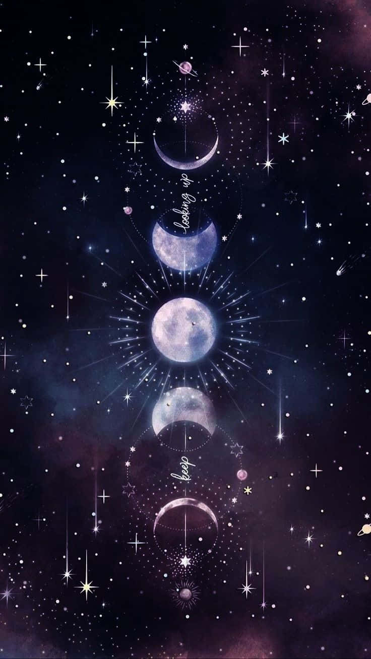 描繪月相在繁星宇宙夜空中發光的天體藝術作品。