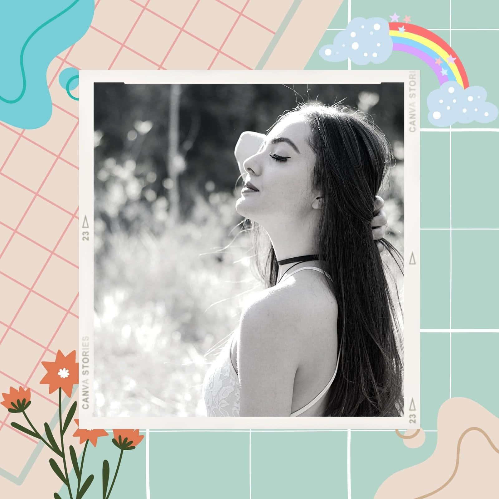 可愛女性風TikTok頭像 壁紙 — 一個黑白肖像，長長黑髮的女性在陽光普照的戶外環境中向上凝視，周圍環繞著色彩繽紛的幾何和奇幻插圖。