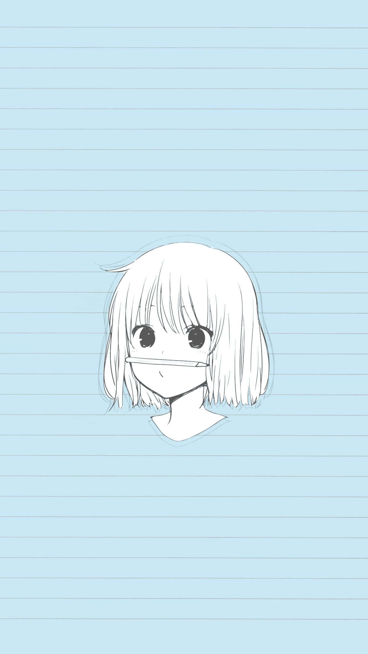 可愛學生素描繪畫圖 壁紙 — 一個極簡風格的動漫女孩，白髮戴著口罩，漂浮在淺藍色橫線紙背景上。
