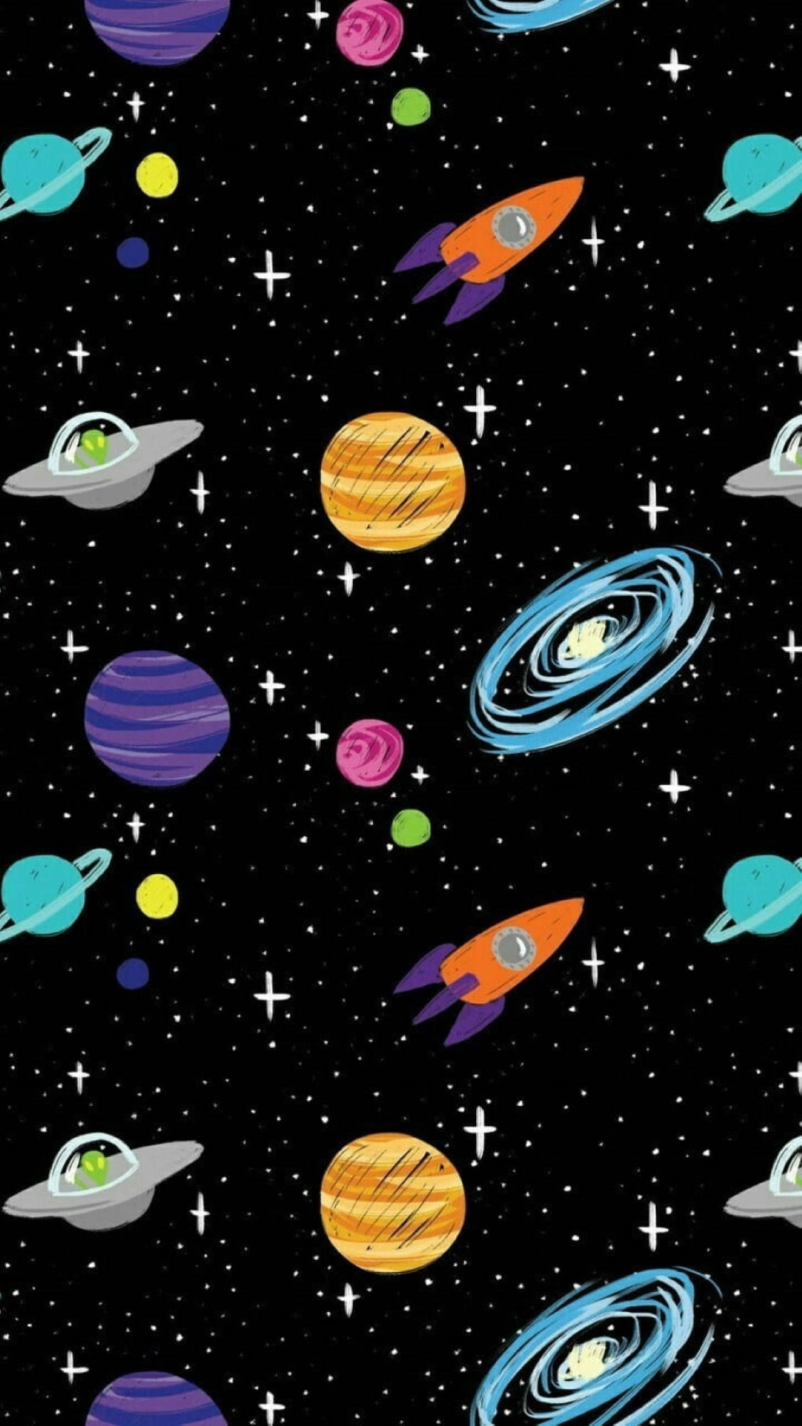 可愛宇宙向量圖 壁紙 — 充滿活力的卡通火箭和行星在繁星點點的黑色天空中漂浮，形成一個俏皮的太空圖案。
