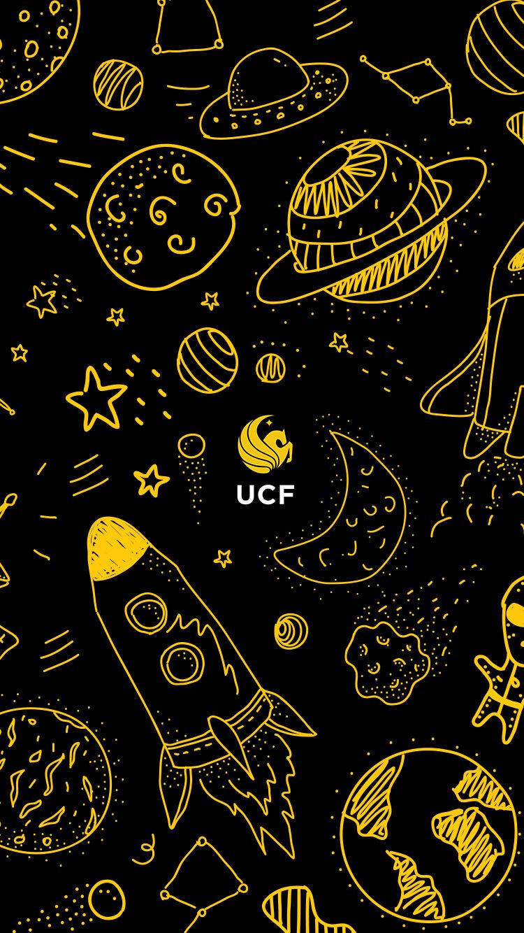 黑色背景上的黃色線條太空物體和UCF標誌