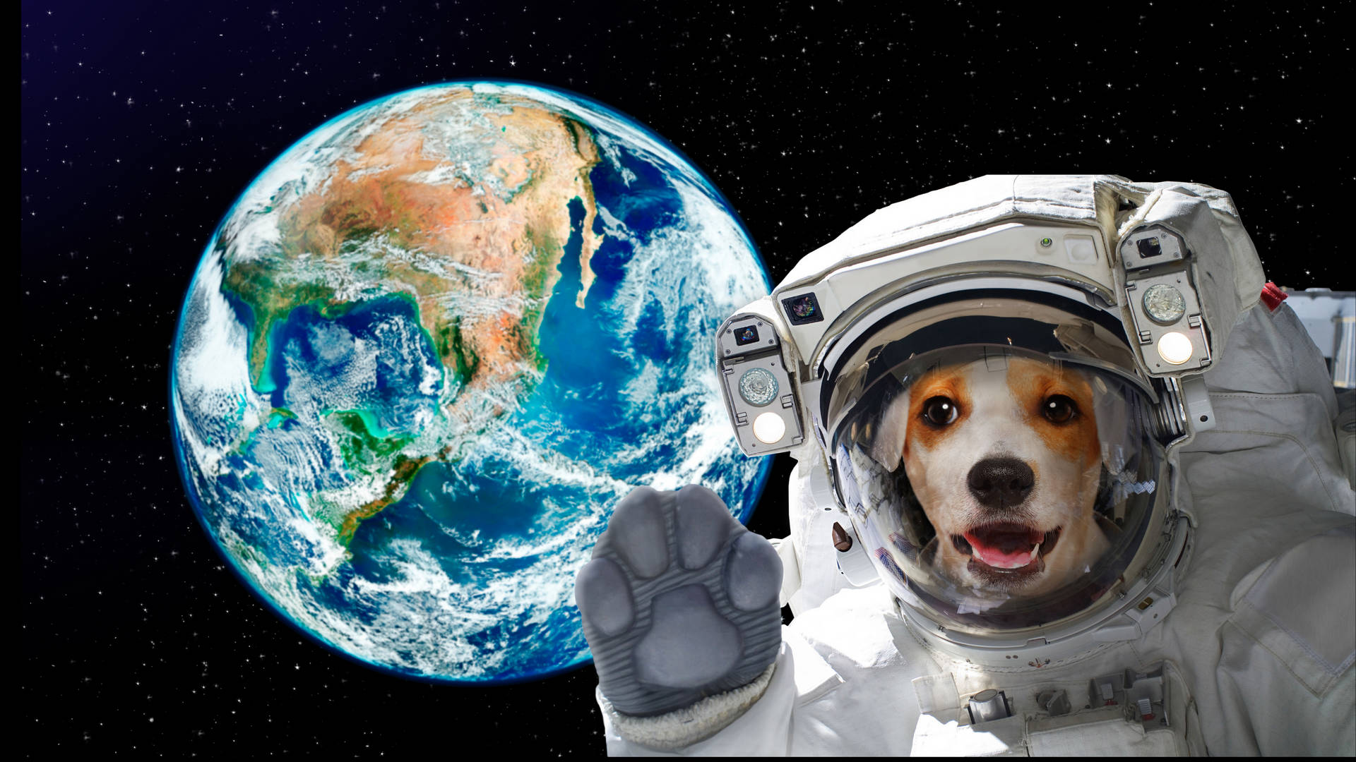 一隻穿著太空衣的快樂狗從外太空向地球揮手。
