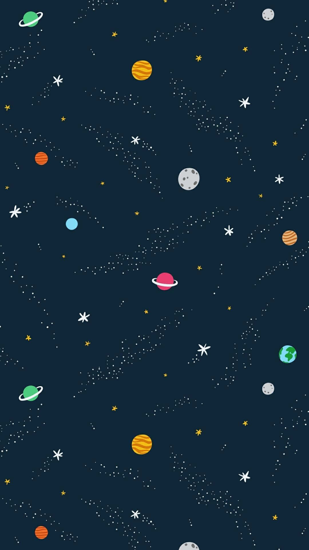 一個有趣的卡通太空場景，有行星、星星和流星。