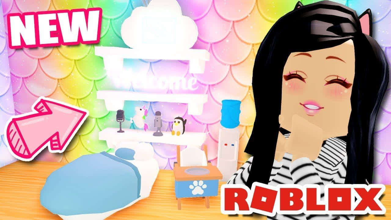 戴貓耳的Roblox虛擬角色在色彩繽紛的房間中，有床和書桌。