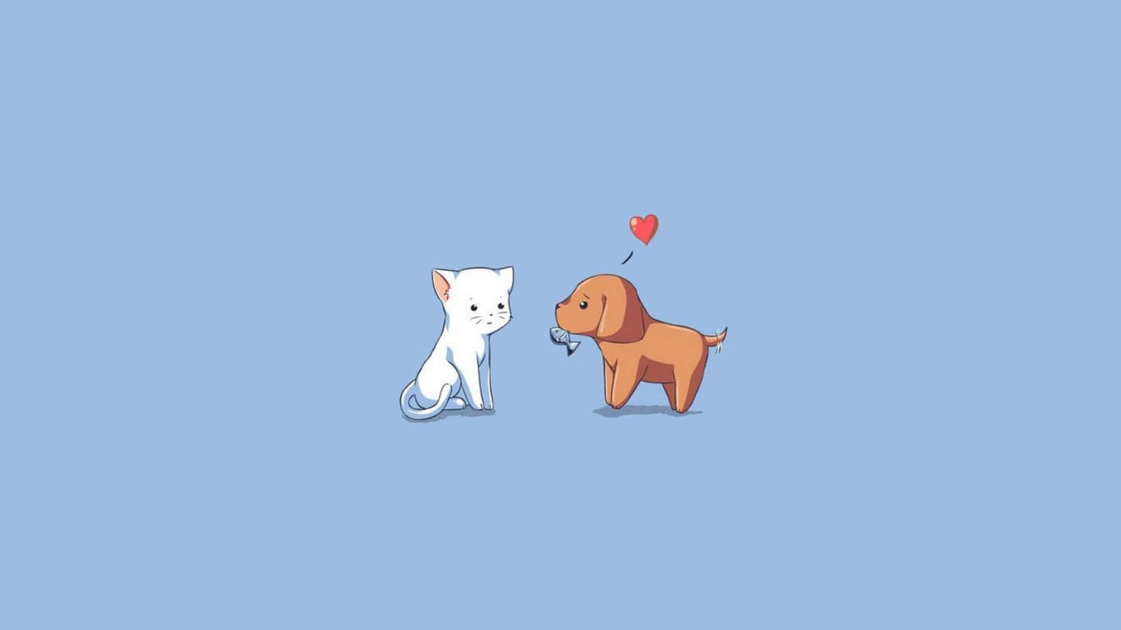 可愛寵物繪畫圖 壁紙 — 一隻可愛的白貓和棕色狗面對面，狗上方有一個漂浮的紅色心形，背景是柔和的藍色。